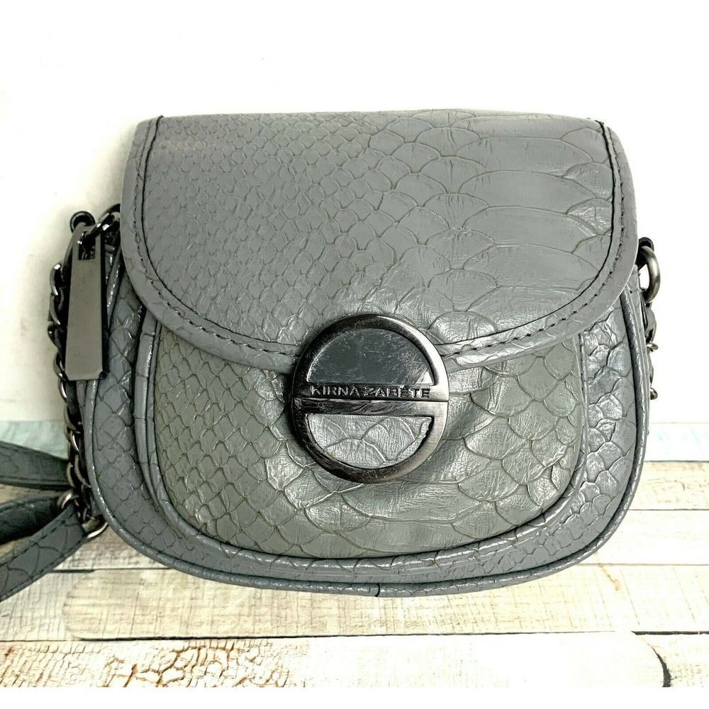 KIRNA ZABETE GRAY SNAKE PRINT EVENING BAG FLAP CHAIN X-BODY SHOULDER BAG HANDBAG